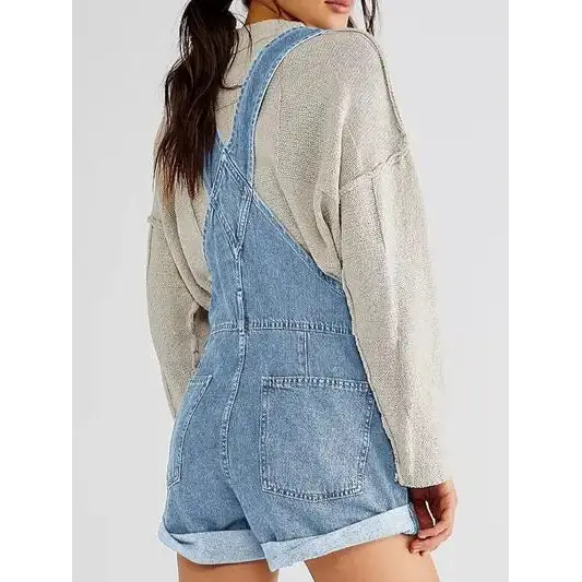 Pocketed Square Neck Wide Strap Denim Overalls.