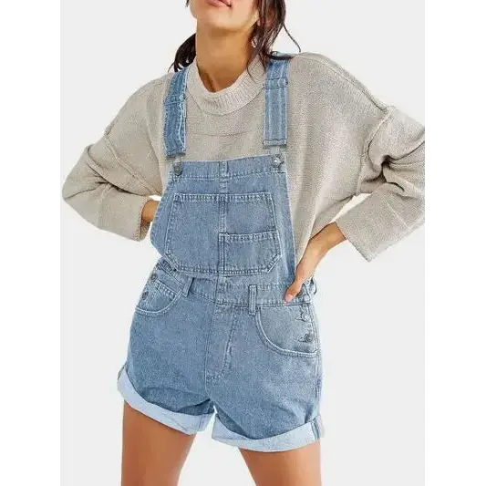 Pocketed Square Neck Wide Strap Denim Overalls.