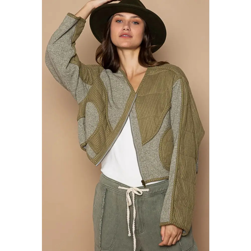 POL Quilted Knit Viding Detail Knit Patch Jacket.