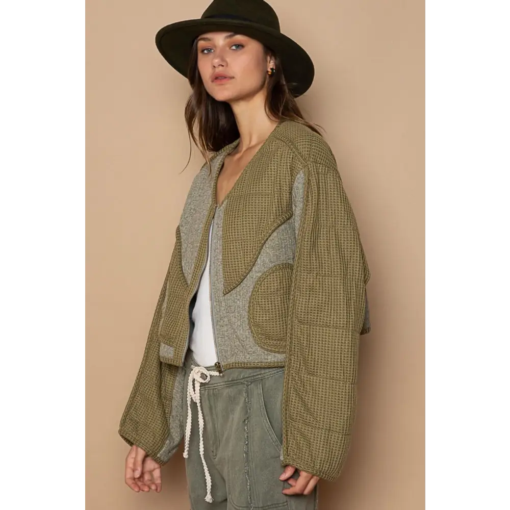POL Quilted Knit Viding Detail Knit Patch Jacket.