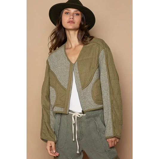 POL Quilted Knit Viding Detail Knit Patch Jacket.