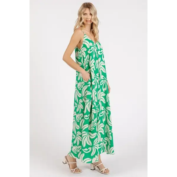 Printed V-Neck Maxi Cami Dress with Pockets.