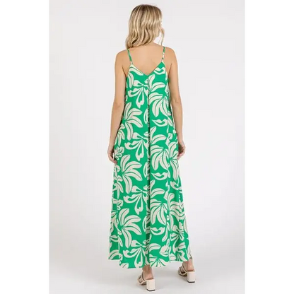 Printed V-Neck Maxi Cami Dress with Pockets.