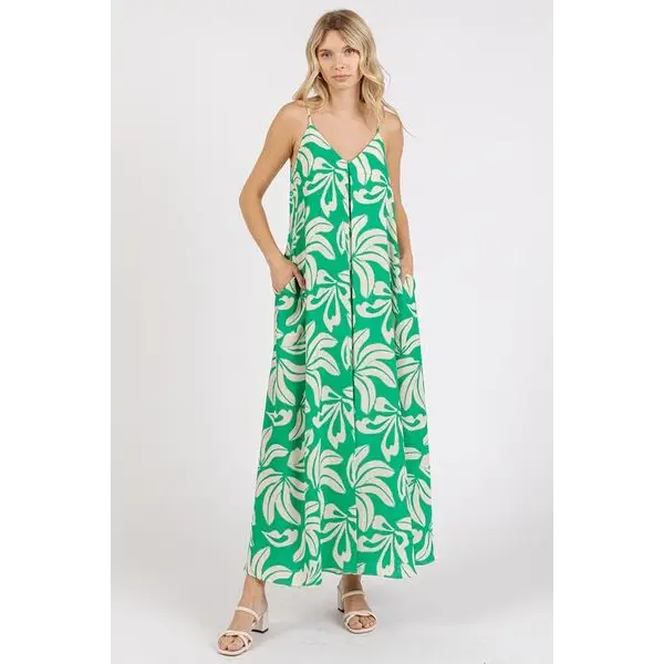 Printed V-Neck Maxi Cami Dress with Pockets.