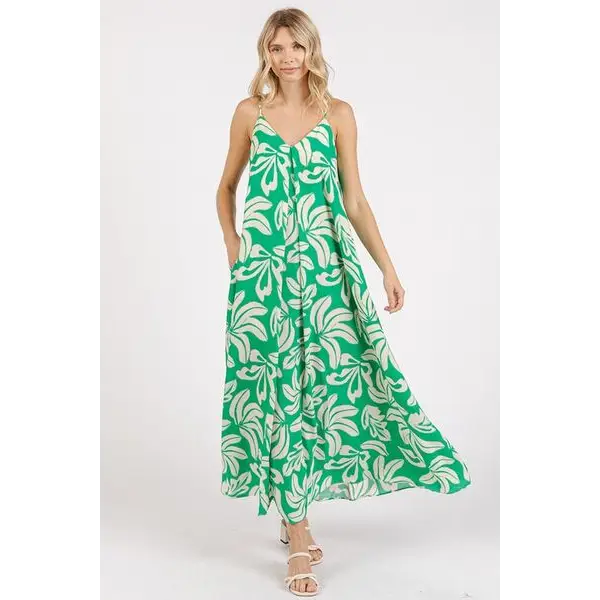 Printed V-Neck Maxi Cami Dress with Pockets.