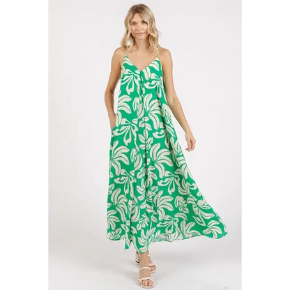Printed V-Neck Maxi Cami Dress with Pockets.