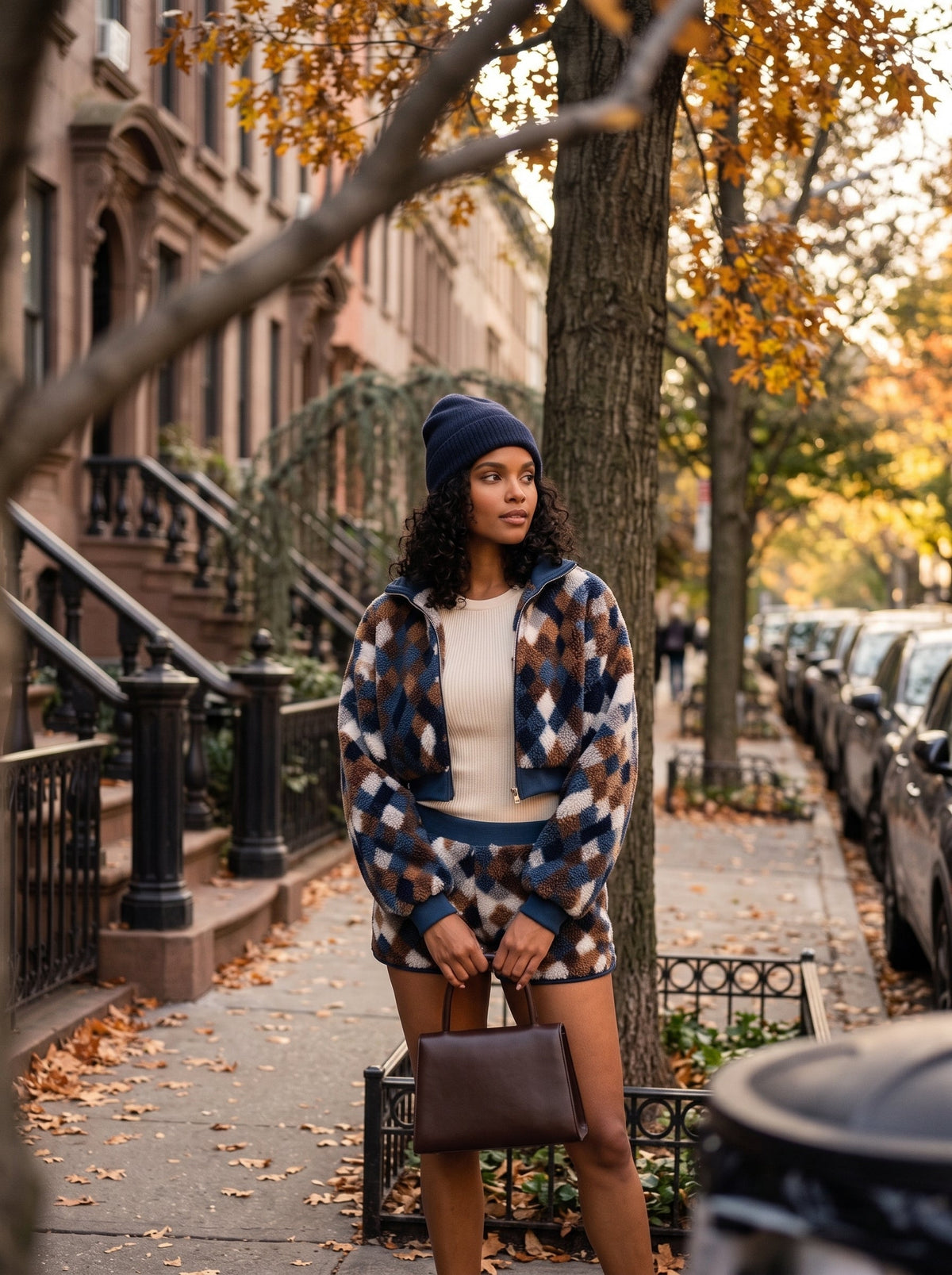 A woman stands on a city sidewalk wearing a brown, navy, and beige diamond-patterned zip-up jacket and matching shorts, a cream top, a navy beanie, and holding a brown handbag.