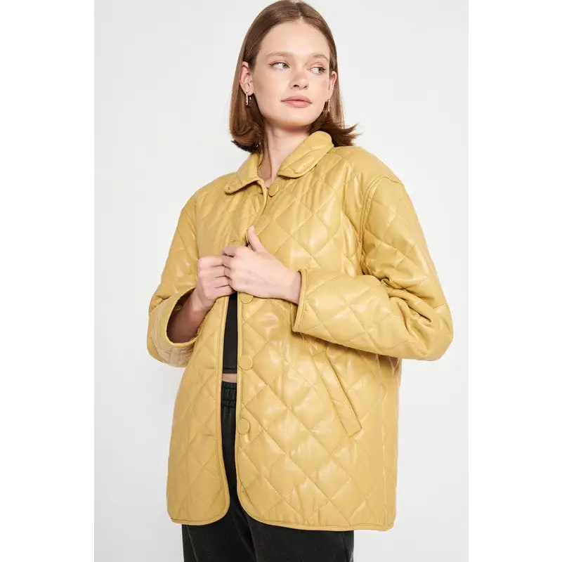 Quilted PU Leather Button Down Jacket.