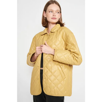 Quilted PU Leather Button Down Jacket.
