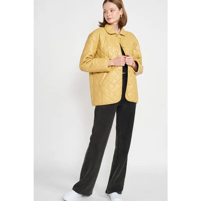 Quilted PU Leather Button Down Jacket.