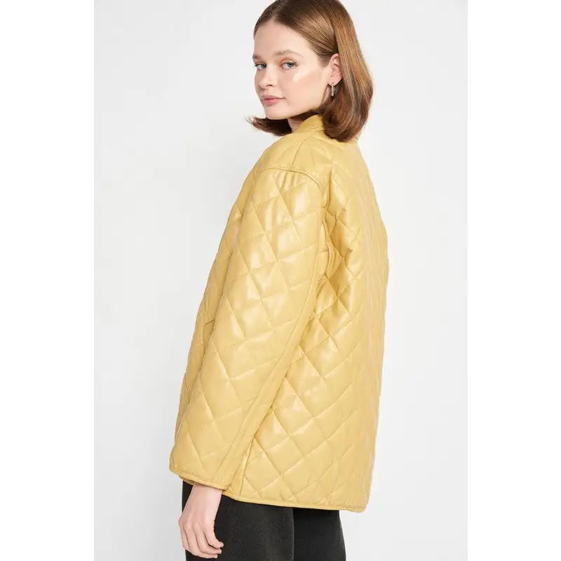 Quilted PU Leather Button Down Jacket.