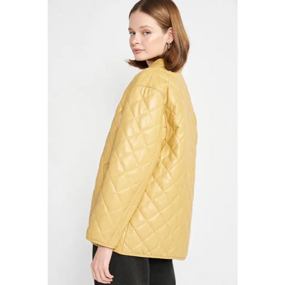 Quilted PU Leather Button Down Jacket.