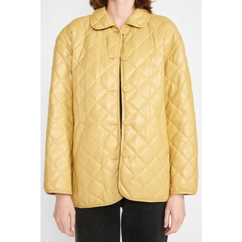 Quilted PU Leather Button Down Jacket.