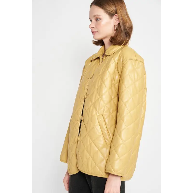 Quilted PU Leather Button Down Jacket.