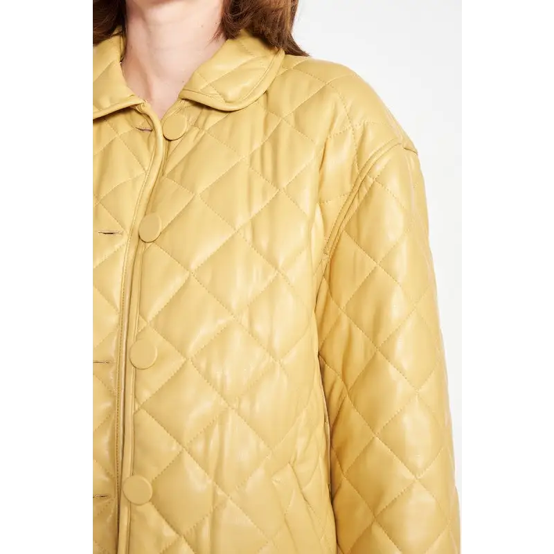 Quilted PU Leather Button Down Jacket.