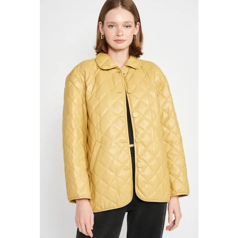Quilted PU Leather Button Down Jacket.