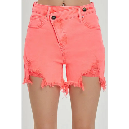 Raw Hem Asymmetrical Waist Denim Shorts.