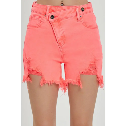 Raw Hem Asymmetrical Waist Denim Shorts.