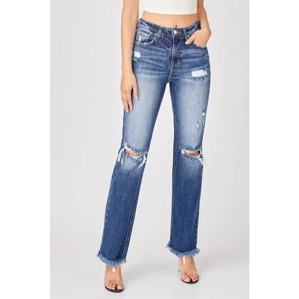 Raw Hem Distressed Straight Jeans.