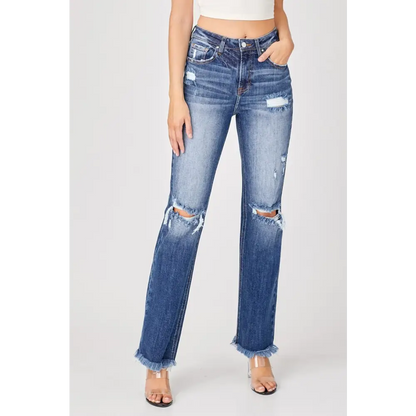 Raw Hem Distressed Straight Jeans.