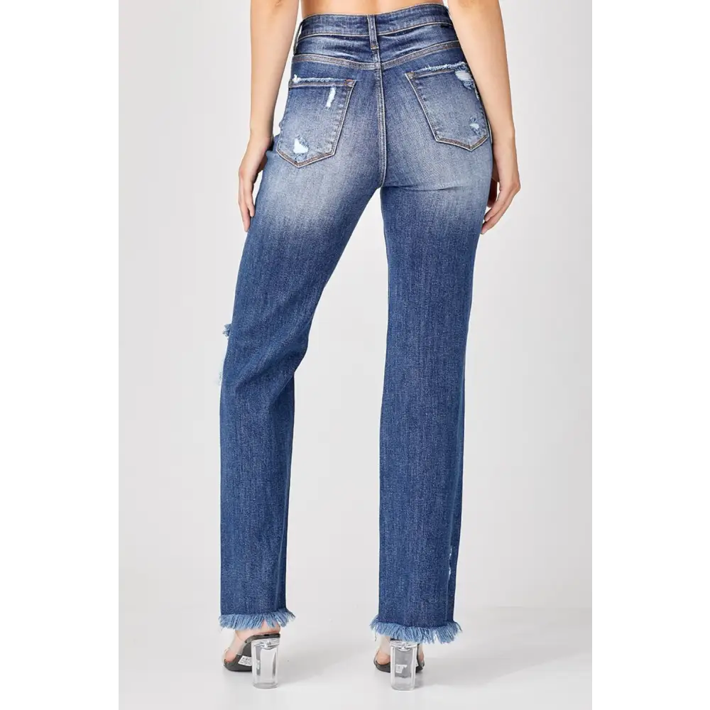 Raw Hem Distressed Straight Jeans.