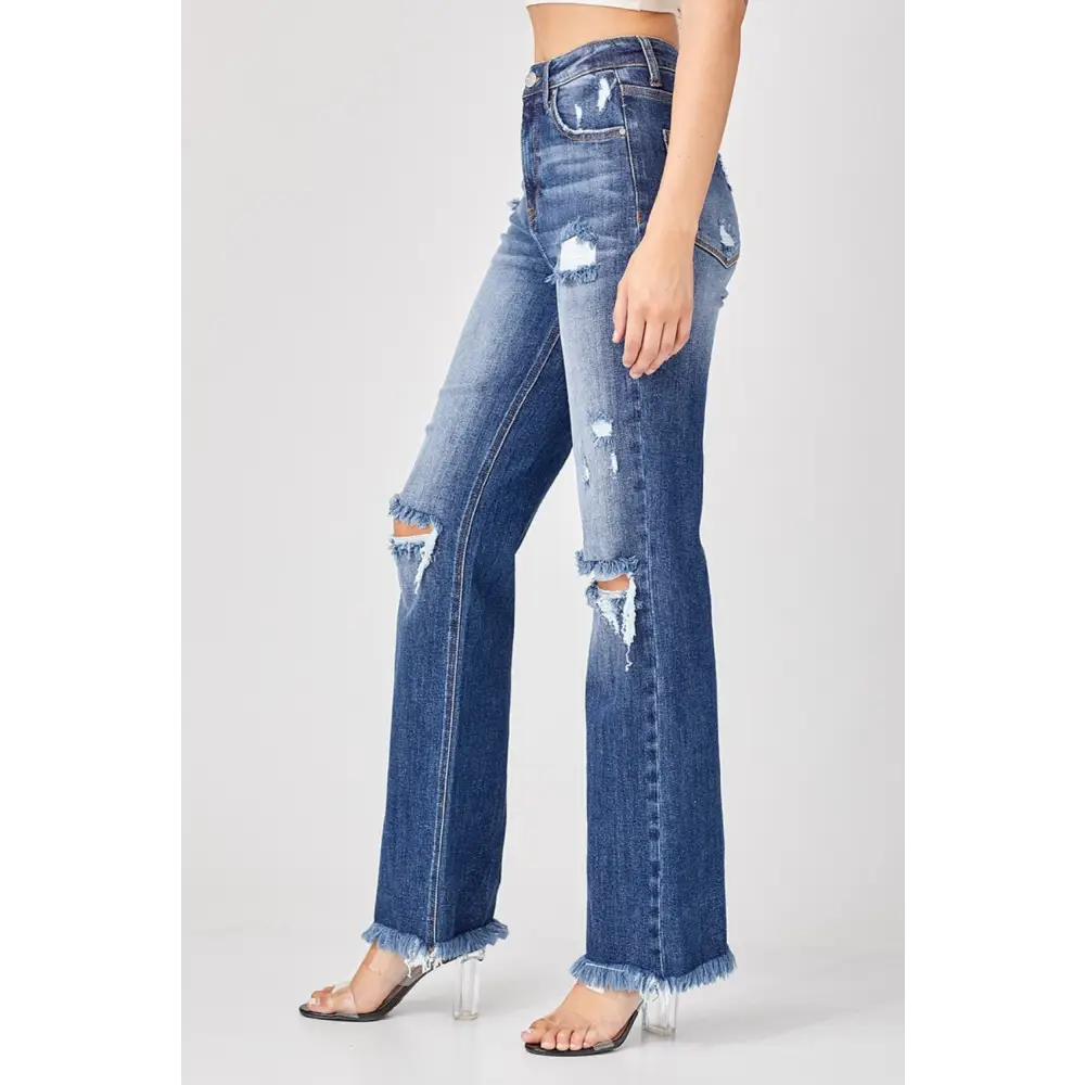 Raw Hem Distressed Straight Jeans.