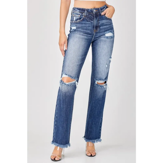 Raw Hem Distressed Straight Jeans.