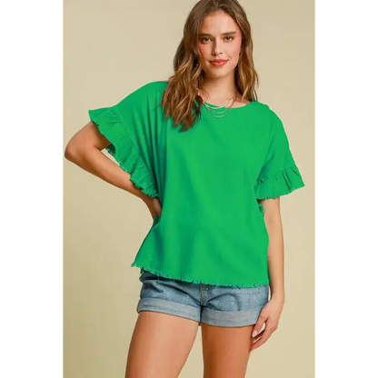 Raw Hem Ruffle Short Sleeve Blouse.