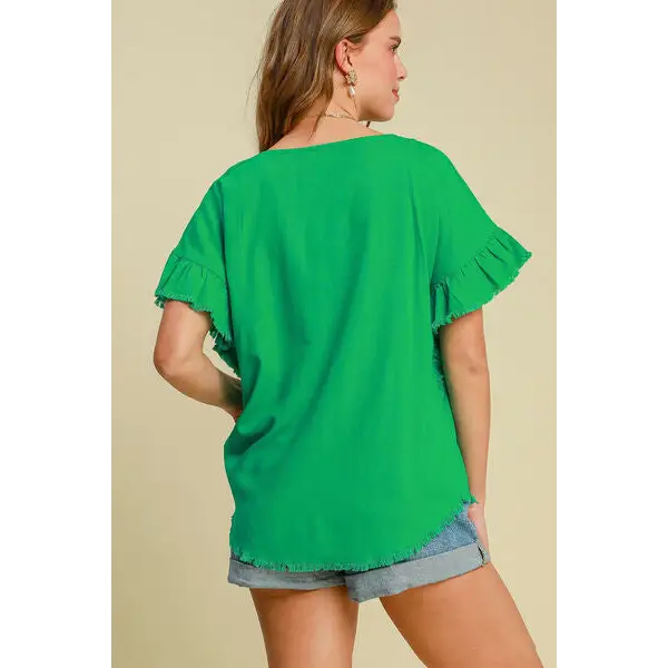 Raw Hem Ruffle Short Sleeve Blouse.