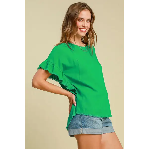 Raw Hem Ruffle Short Sleeve Blouse.