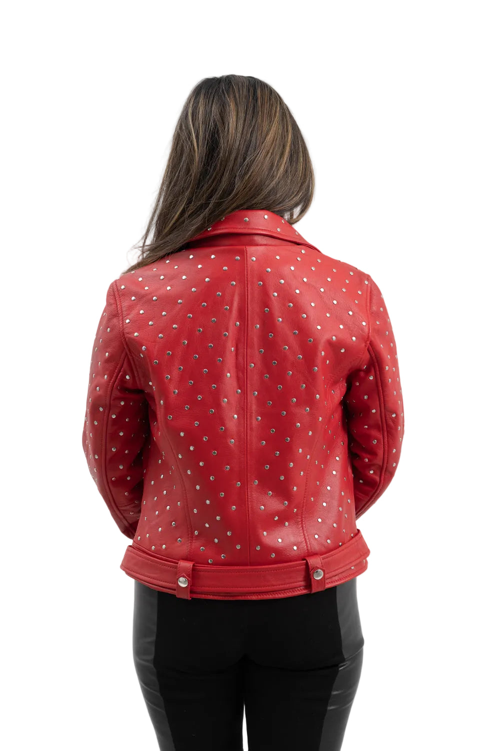 Red studded leather jacket worn by a person on a white background