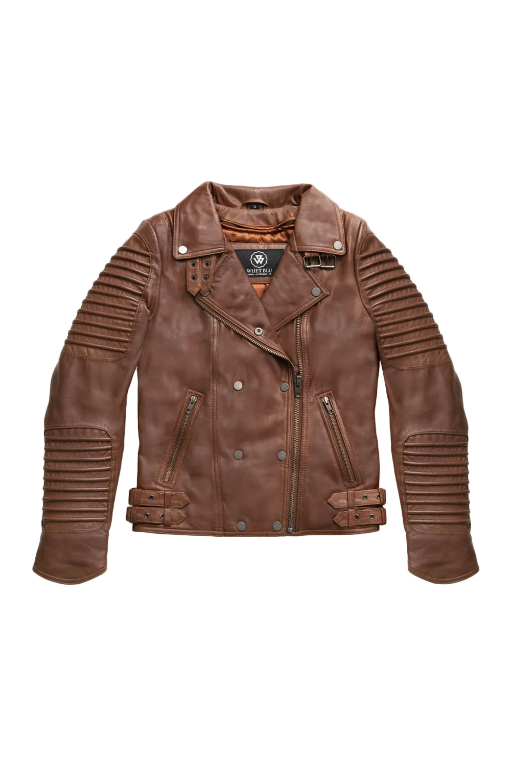 A brown faux leather biker jacket with ribbed elbow panels and a snap-button front, displayed flat against a light gray background.