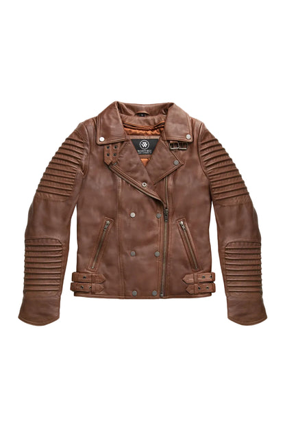 A brown faux leather biker jacket with ribbed elbow panels and a snap-button front, displayed flat against a light gray background.