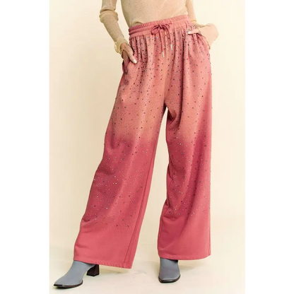 Rhinestone Drawstring Wide Leg Pants.