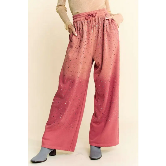 Rhinestone Drawstring Wide Leg Pants.