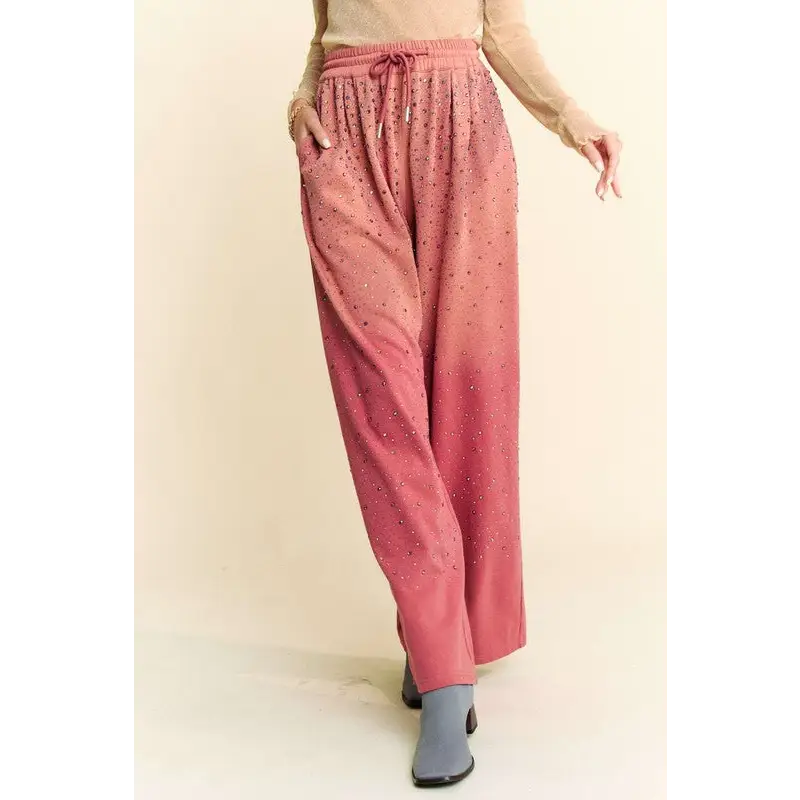 Rhinestone Drawstring Wide Leg Pants.
