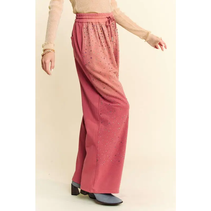 Rhinestone Drawstring Wide Leg Pants.