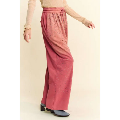 Rhinestone Drawstring Wide Leg Pants.