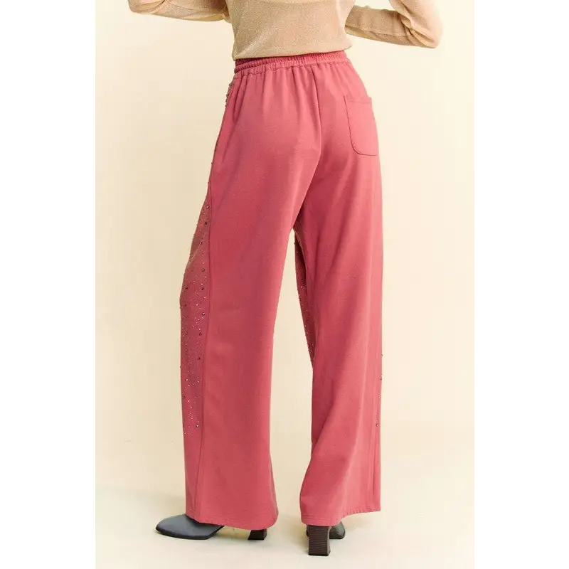 Rhinestone Drawstring Wide Leg Pants.