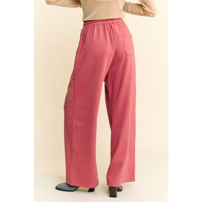 Rhinestone Drawstring Wide Leg Pants.
