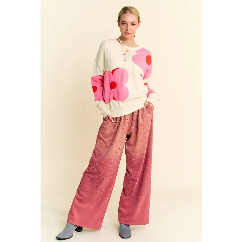 Rhinestone Drawstring Wide Leg Pants.