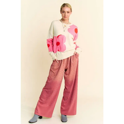 Rhinestone Drawstring Wide Leg Pants.