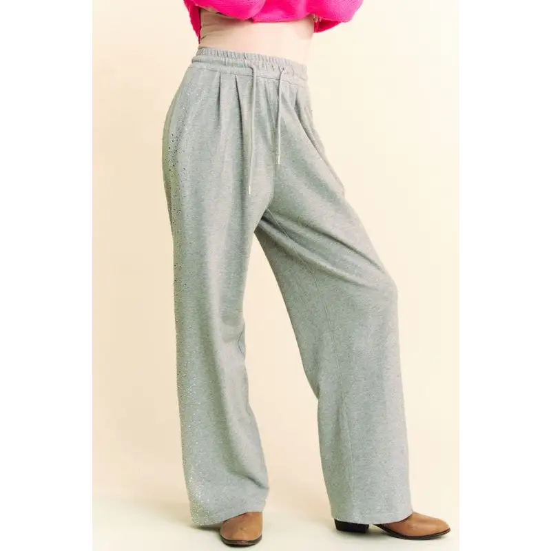 Rhinestone Elastic Waist Wide Leg Pants.