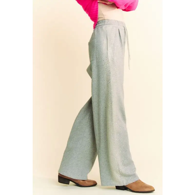 Rhinestone Elastic Waist Wide Leg Pants.