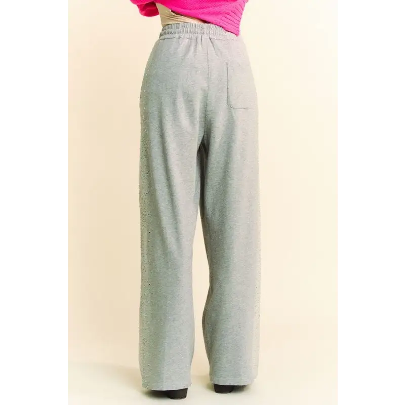 Rhinestone Elastic Waist Wide Leg Pants.