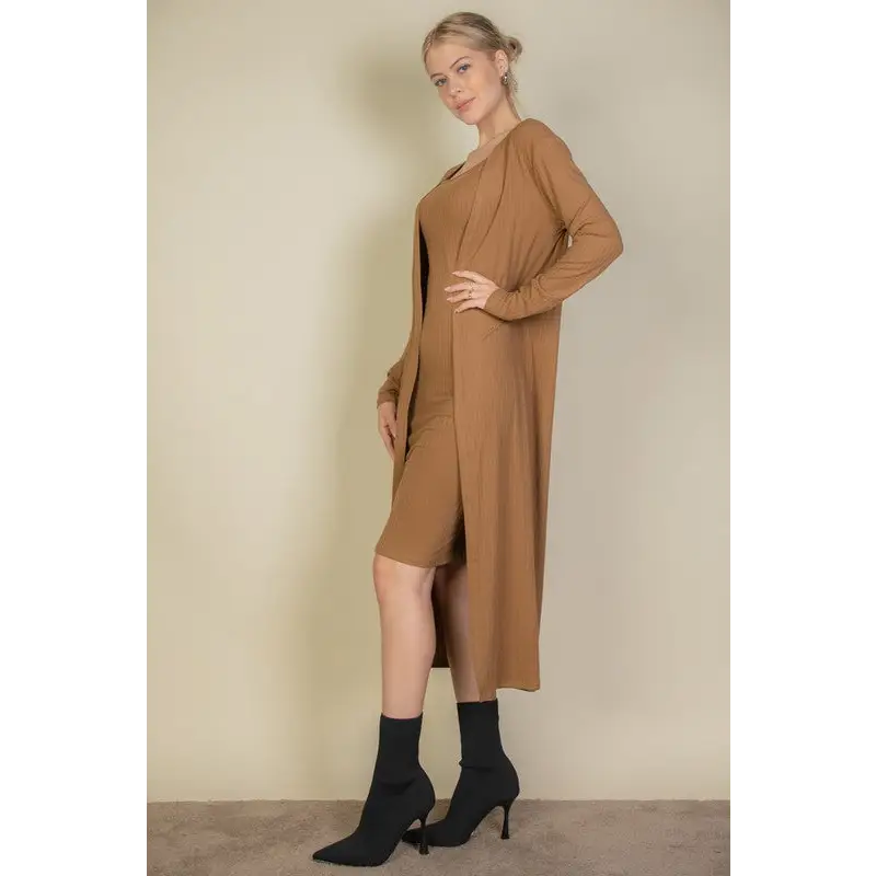 Ribbed Cardigan & Cami Midi Bodycon Dress.