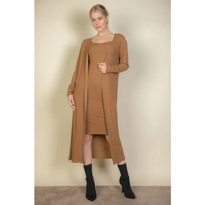 Ribbed Cardigan & Cami Midi Bodycon Dress.