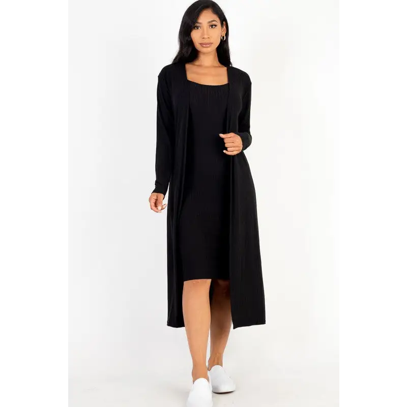 Ribbed Cardigan & Cami Midi Bodycon Dress.