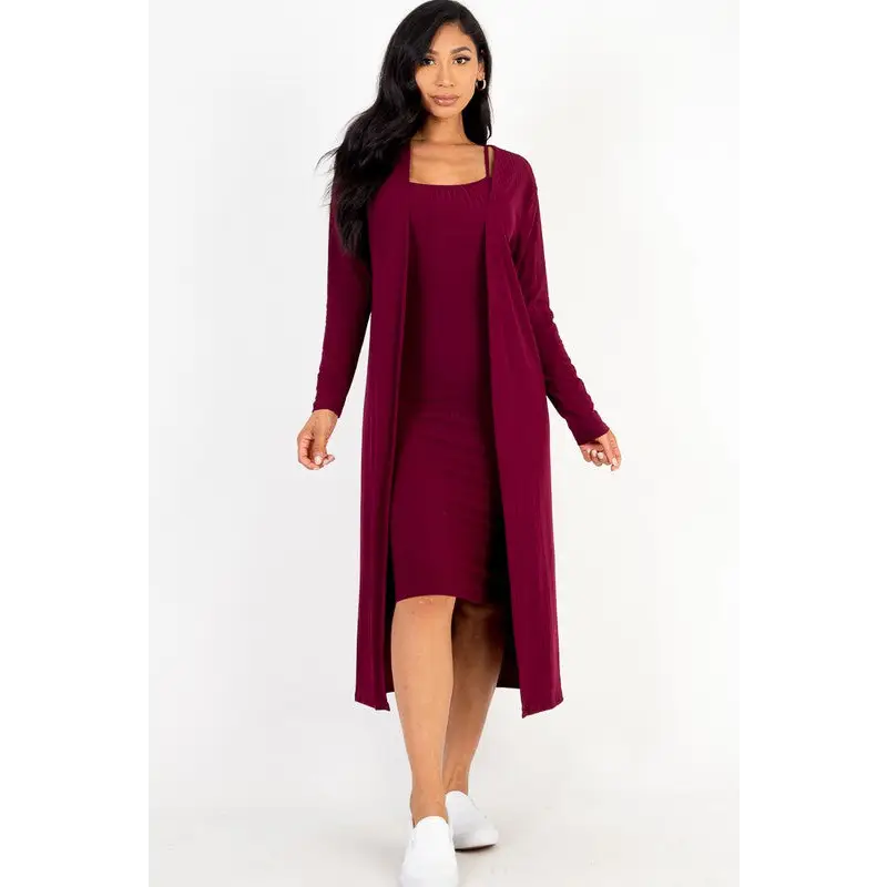 Ribbed Cardigan & Cami Midi Bodycon Dress.