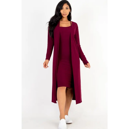 Ribbed Cardigan & Cami Midi Bodycon Dress.